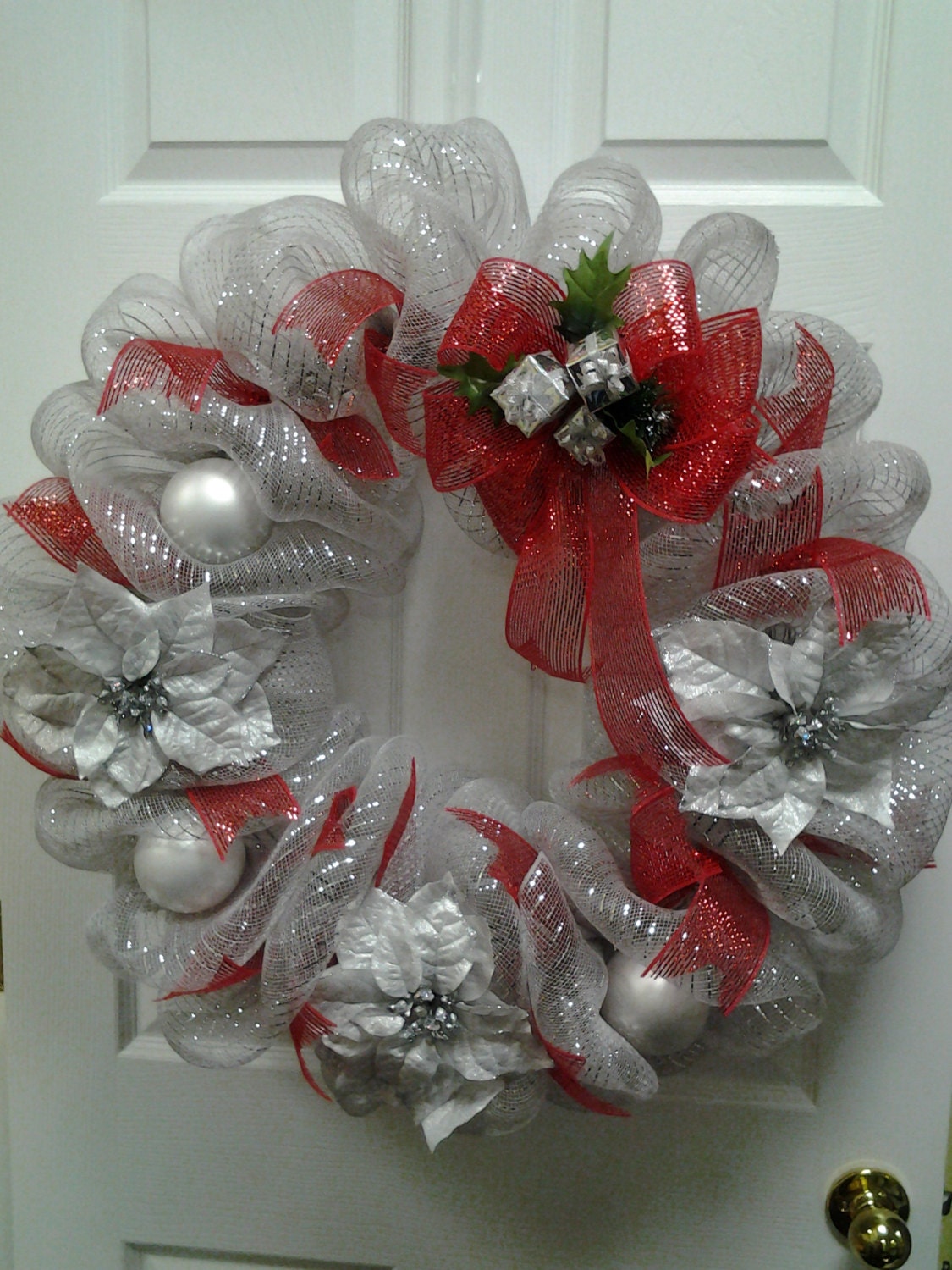 Red & Silver Holiday Deco Mesh Wreath