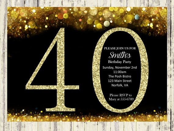 40th Birthday Invitation. Gold Glitter Birthday Party Invite