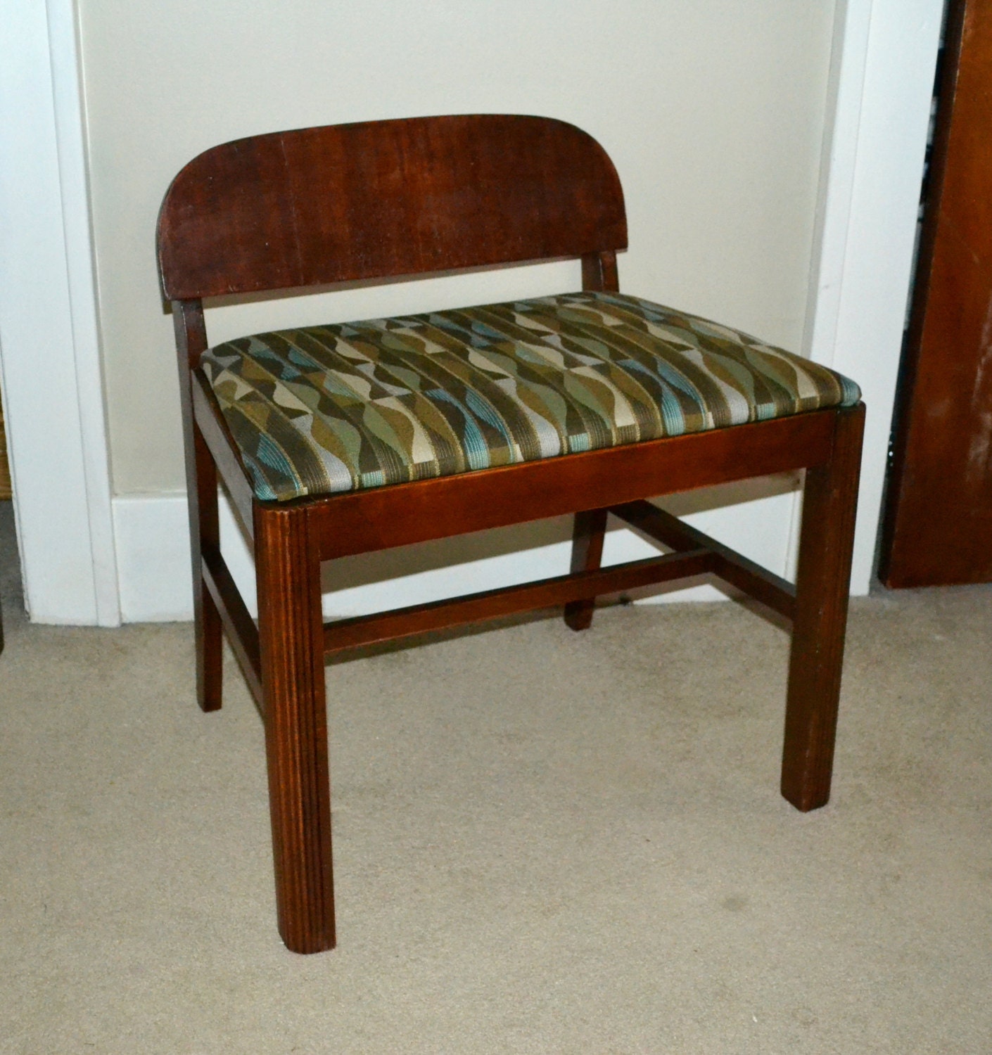 Antique Solid Walnut VANITY BENCH New Seat Teal Green Tan Cream Haute