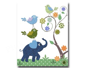 Blue elephant, nursery art, blue green nursery decor, wall art for baby boy room decor, play room decor, nursery artwork, kids room decor