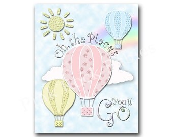 Neutral nursery artwork hot air balloon nursery decoration children room decor playroom wall art baby room decor oh the places you 'll go