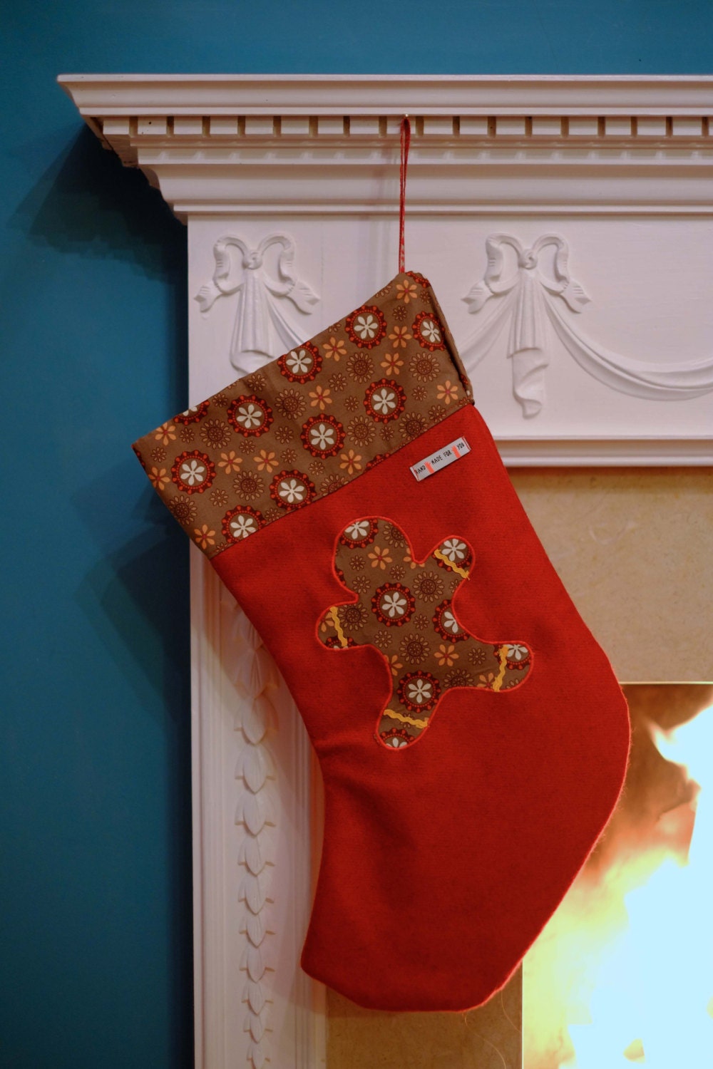 Handmade personalised Christmas Stocking with Gingerbread Motif