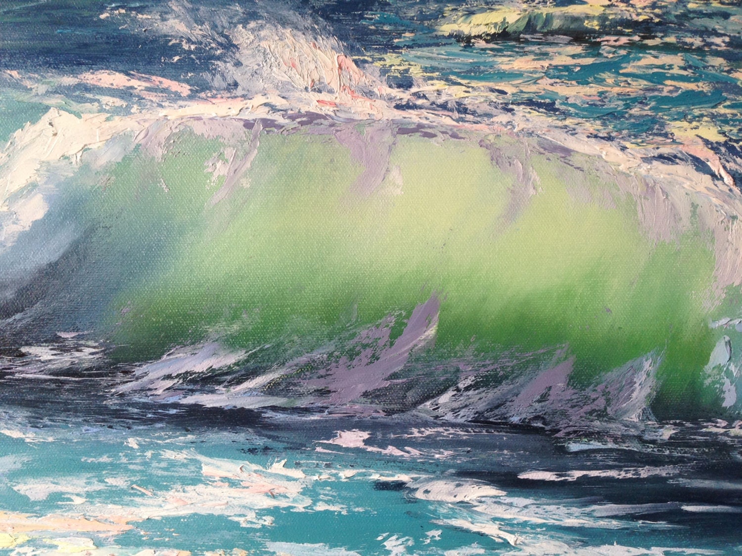 Ocean Wave Painting Original Sea Art Blue Green Foam Sun