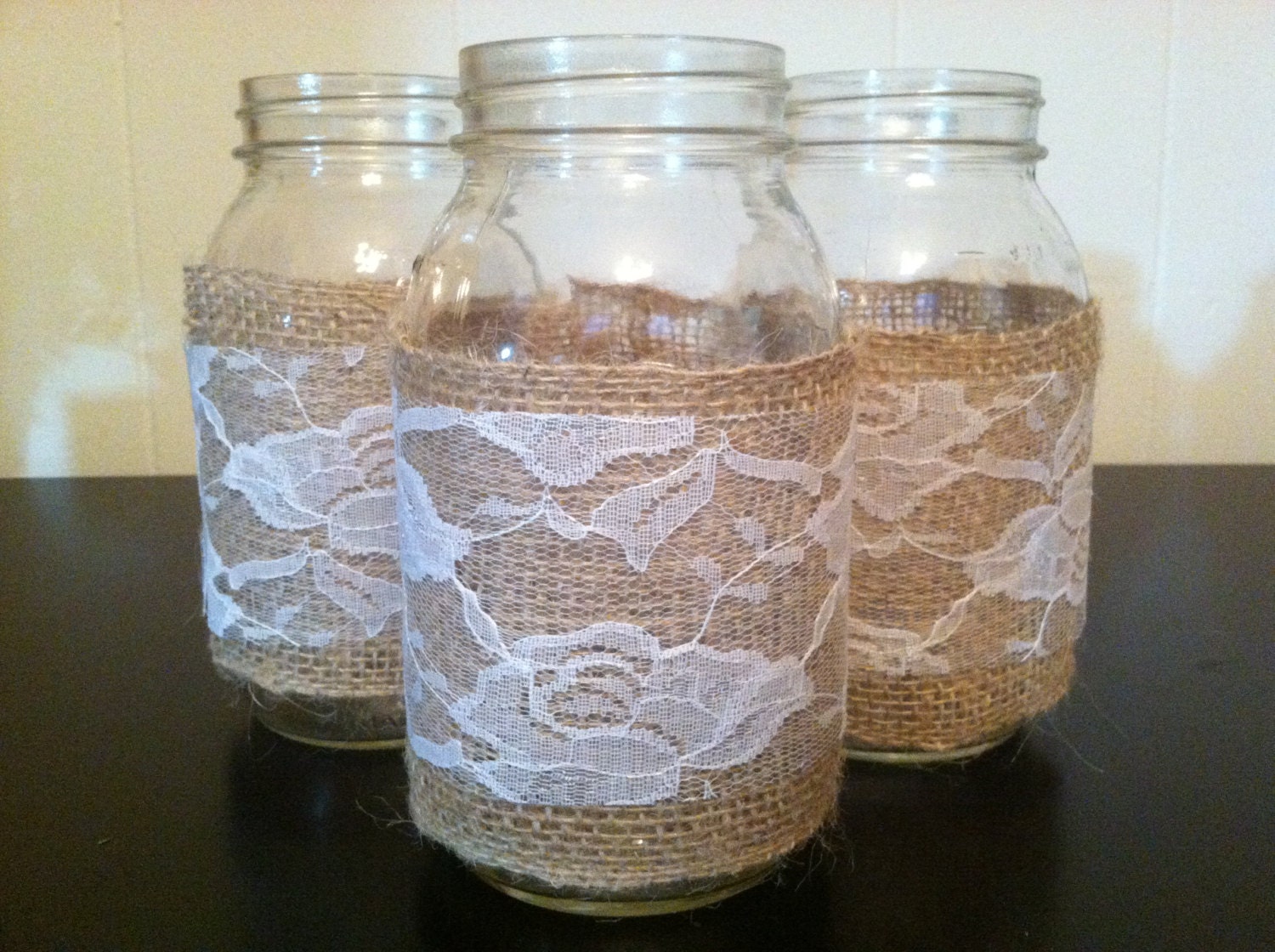 Burlap and Lace Rustic Mason Jar Vase Set
