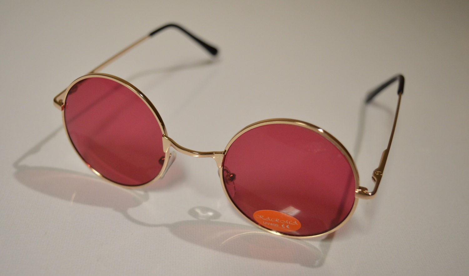 Vintage Pink Red Lens Round Sunglasses Mens Ladies Lightweight Wire Metal Framed Uv400 Teashade 