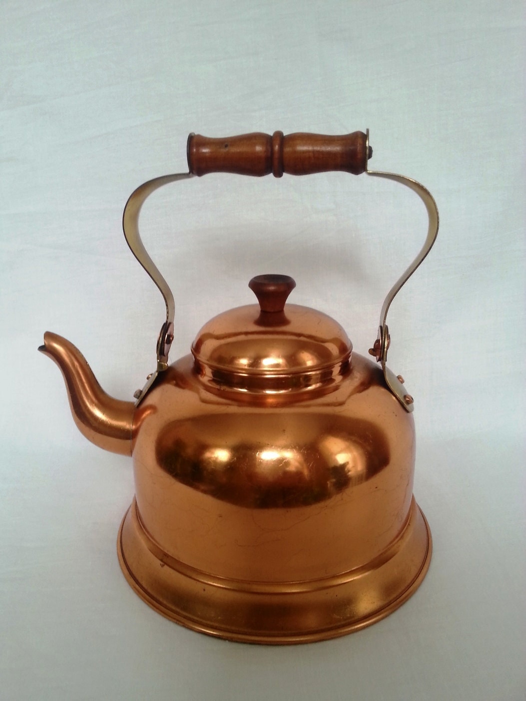 Vintage Copper Tea Pot Kettle Wooden Handle and by rielastreasures