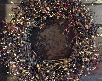 Burgundy, Tan and Plum Pip Berry Wreath with Brown Leaves, Primitive Wreath, Fall Wreath, Rustic Wreath, Country Wreath, Free Shipping