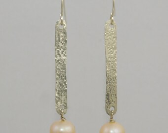 Sterling Silver Hammered Drop Pearl Earrings