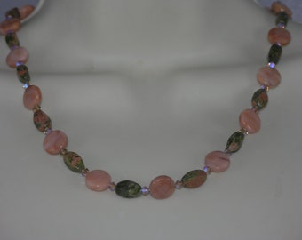 Peach Aventurine, Unakite, Swarovski Crystal Necklace