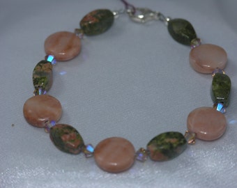 Peach Aventurine, Unakite, Swarovski Crystal Bracelet