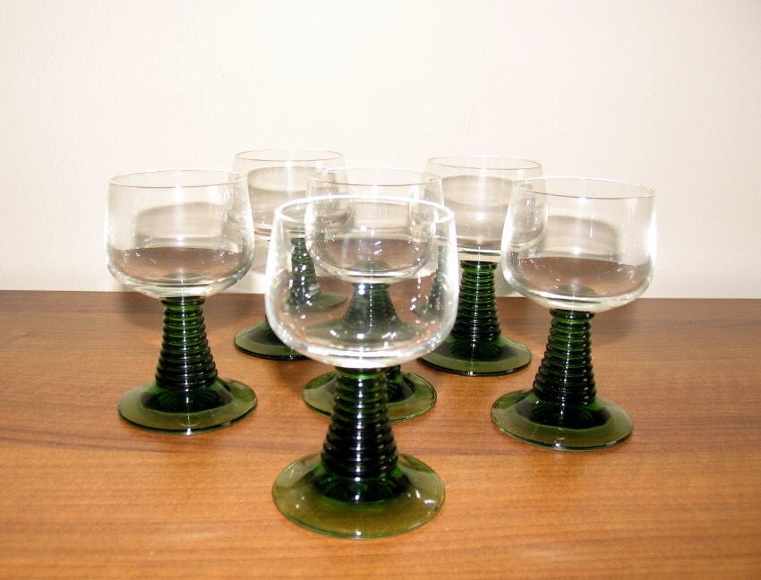 Glasses from the 60s Green Ribbed Wine Glasses Vintage