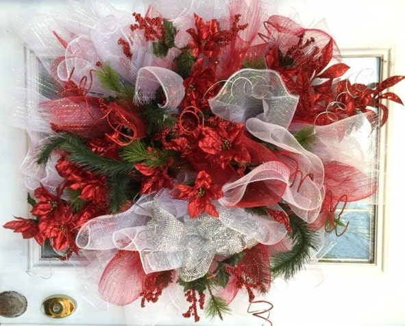 Large Dramatic Red White Deco Mesh Poinsettia Floral Wreath by WreathsAndUniques