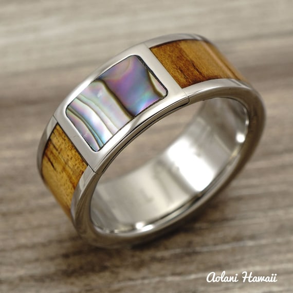 Titanium Ring with Abalone and Hawaiian Koa Wood by AolaniHawaii
