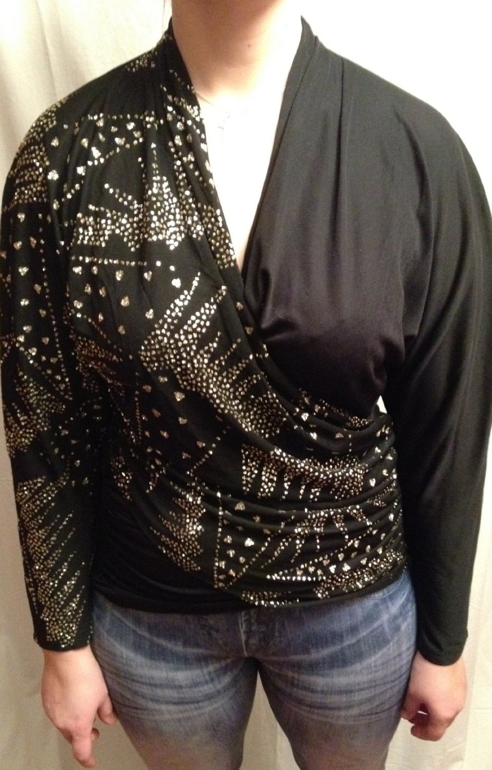 Black Romance Blouse Silver Glitter on Black Background Nylon