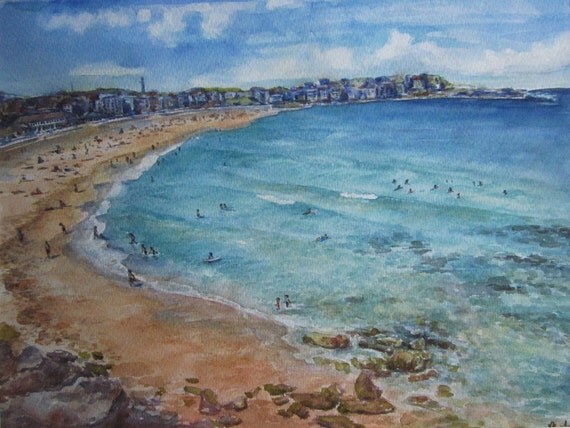 Sydney Bondi beach Original Watercolour Painting by AustraliaArt