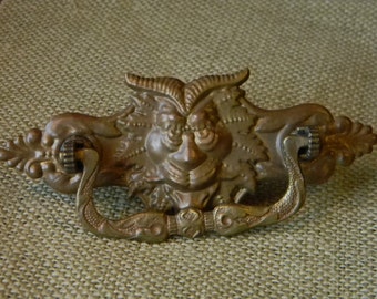 Unusual Victorian Era Gargoyle Drawer Pull - Detailed Brass With Some Restoration