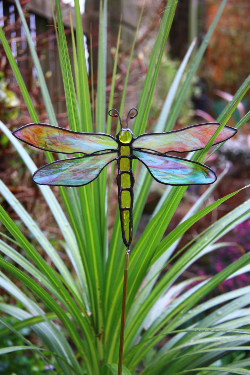 Stained glass dragonfly garden stake