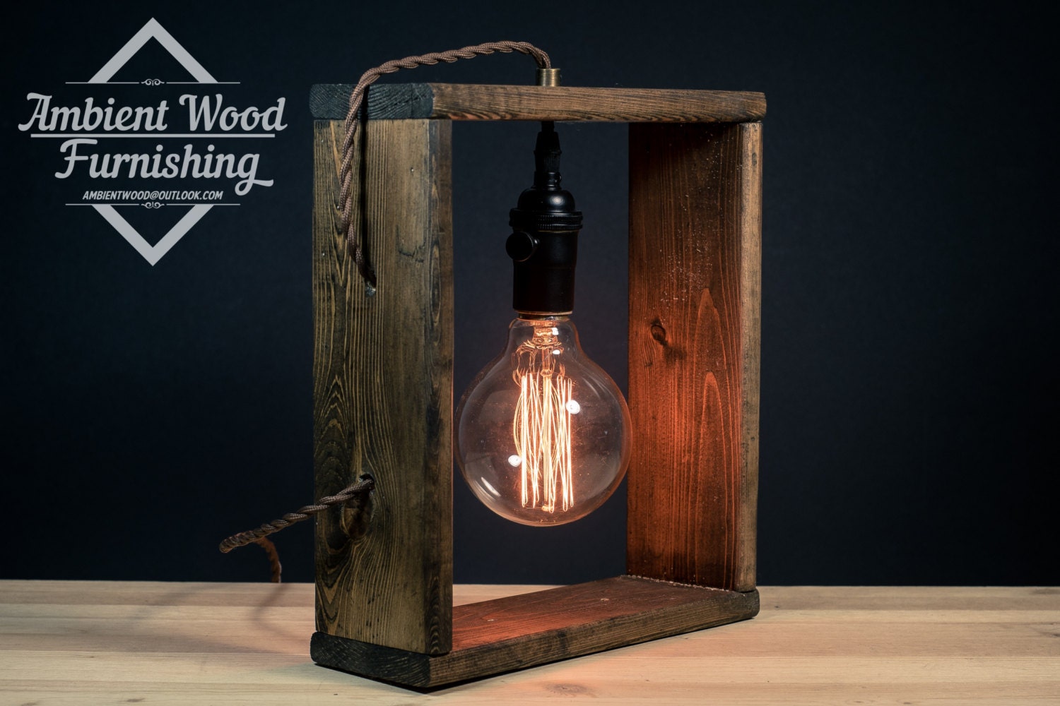 Wood Frame Table Lamp With Brass Socket Cottage Style
