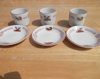 3 Saki Cups with 3 Saucers marked in Red