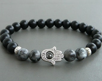 Hamsa Bracelet Black Lava Buddha Bracelet men Black Onyx bracelet Yoga Meditation bracelet Energy Bracelet for men gift, Hamsa Bracelet Mala