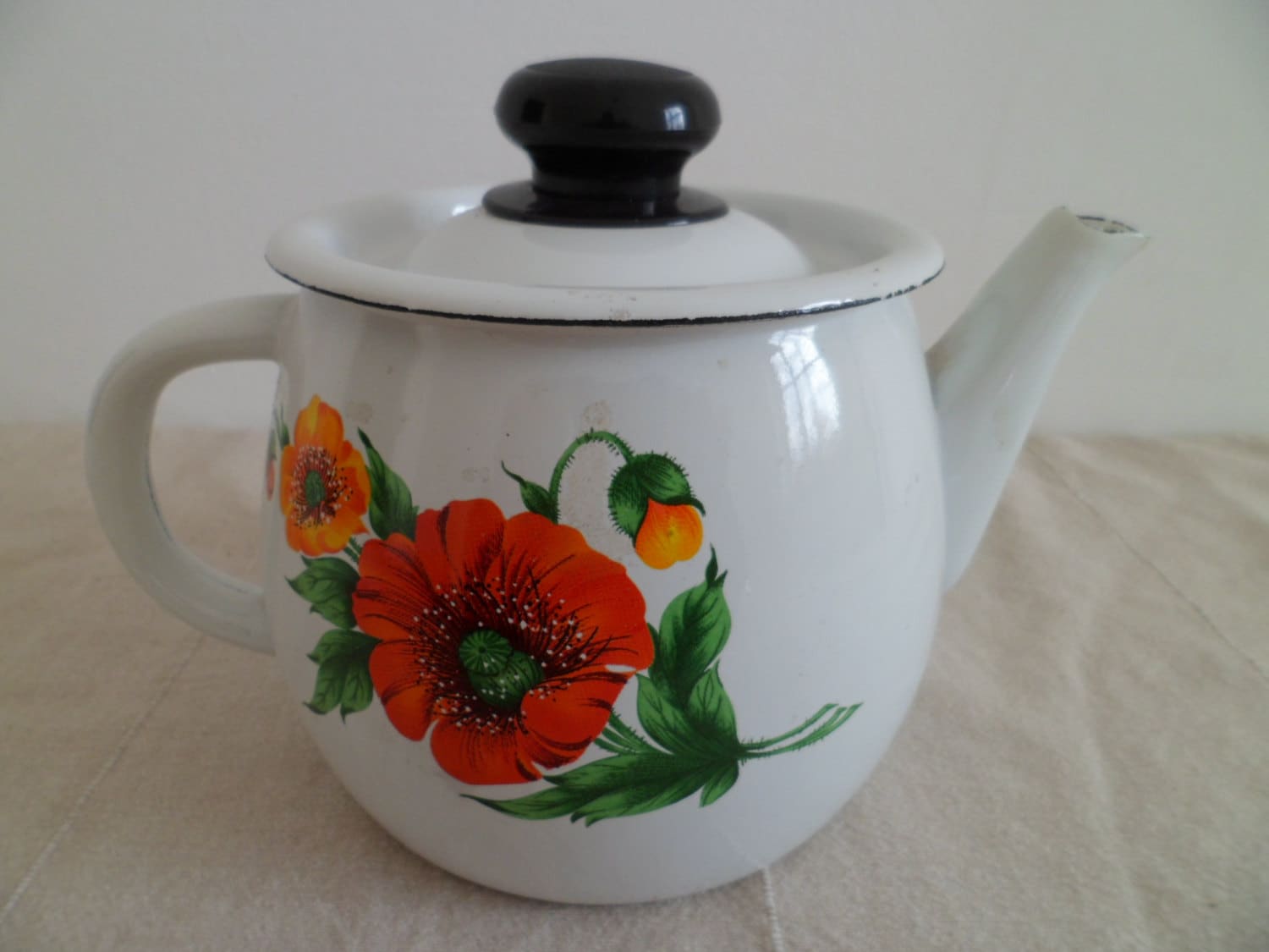Enamel Teapot with Flowers, Vintage Enamel Kettle, Metal Tea Pot