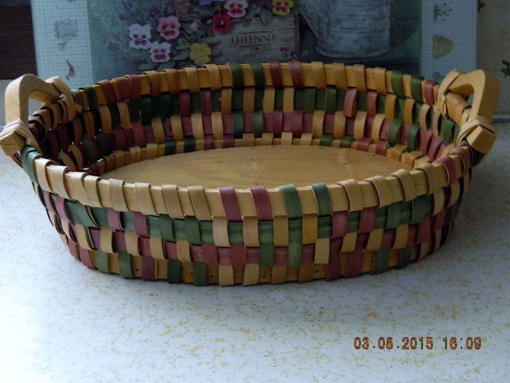Multi Colored Wicker Gathering Basket, Flat Bottom Woven Basket with