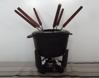 Vintage cast iron Fondue set, French vintage fondue set, complete with six forks, quality, unique fondue set