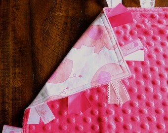 Personalized Tag Blanket Sensory Ribbon Blanket Lovey- Elephants and Minky Dot