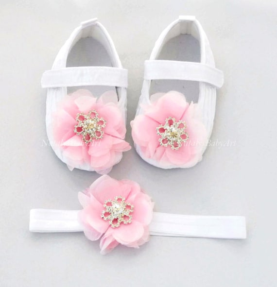 Items similar to Pink Baby Girl shoes and Headband SET Christening baby ...