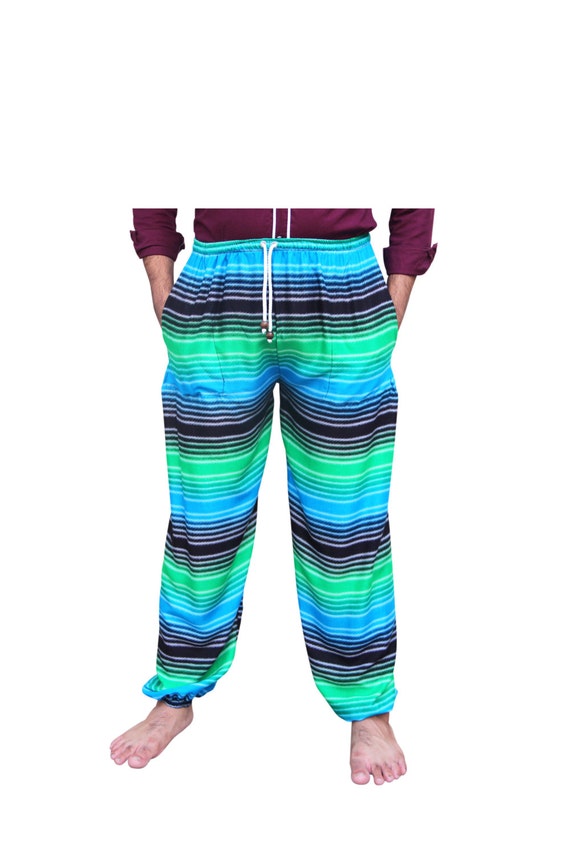 Retro Striped Harem Pants Greeb Blue Hippie Pajamas Gypsy Unisex Yoga Trousers Genie Pants