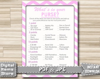 Printable Whats In Your Purse Game with Pink Chevron - Whats In Your Purse Game, Whats In Your Purse - Instant Download - cp1