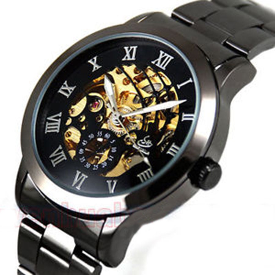 Mens Black Golden Automatic Skeleton Self-wind Mechanical Watch Metal