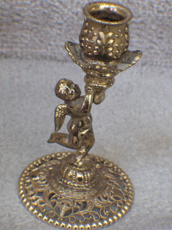 Vintage Brass Cherub Candle Holder