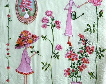napkin for decoupage Girls and Roses Kids motive Pink Decoupage paper napkins