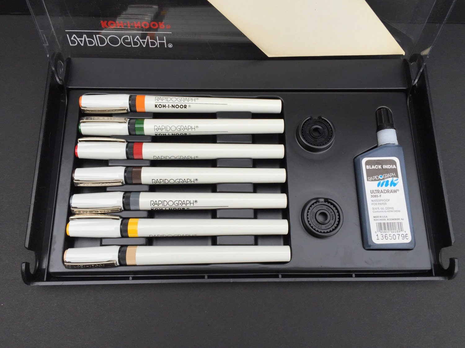 Rapidograph KohINoor Set of 7 Technical Pens in hinged case