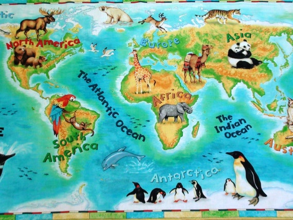 Map Of The World Fabric Panel World map fabric. Map fabric panel featuring animals. Cotton wall hanging fabric. Kids