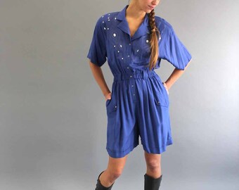 bedazzled rayon jumpsuit . vintage 1980s playsuit . lavender purple jumper . summer romper women . high waist jumper w/ padded shoulders