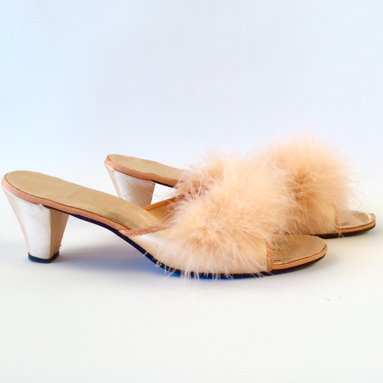 Vintage Boudoir Slippers Peach Feather Slipper Heels Soft 3668