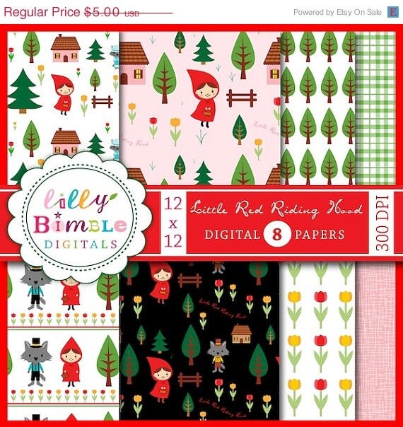 50% off Little Red Riding Hood digital paper Patterned paper with fairytale images INSTANT DOWNLOAD scrapbook Il_570xn