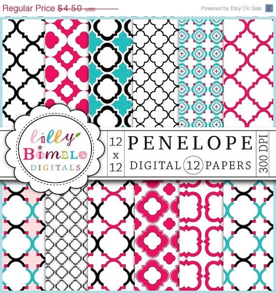 50% off QUATREFOIL Pink and Turquoise Penelope Papers for scrapbooking, cards, design Instant Download Il_570xn