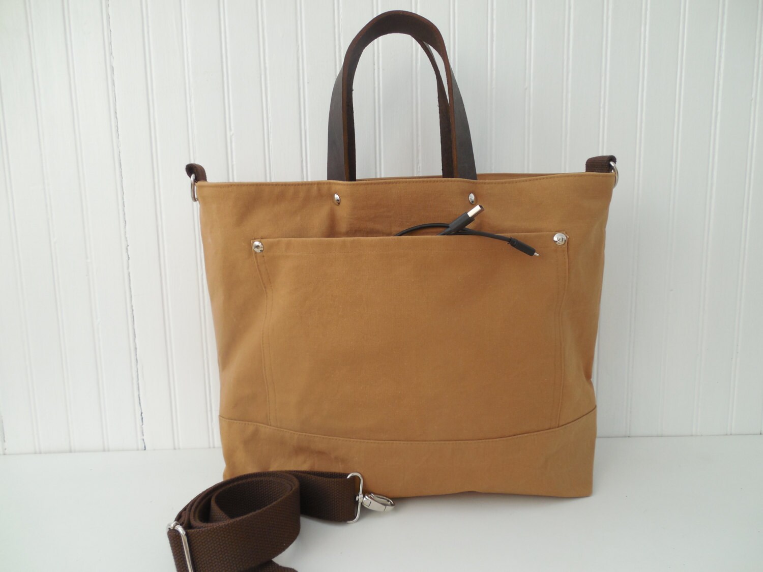 Waxed Canvas Tote Leather Handles Messenger Bag