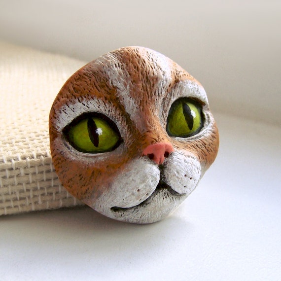 Orange Cat Green Eyes Polymer Clay Face Cab Kitty Animal Pet