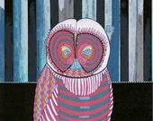 Reserved- Owl with Blue Stripes- hand painted one-of-a-kind limited edition print