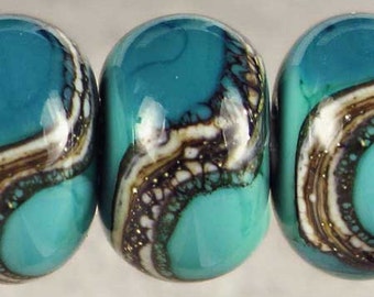 Teal Green Lampwork Glass Bead Set, Rondelle Glass Beads, Lampwork Beads, Organic Webbed Silvered Ivory, Small, 6 Glossy 11x7mm Mermaid
