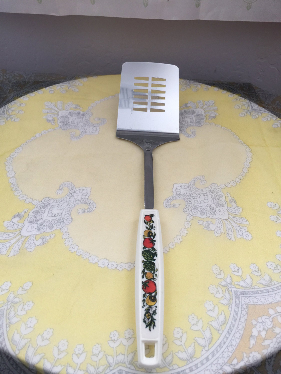 vintage EKCO spatula, vegetable design decal, stamped chromomium