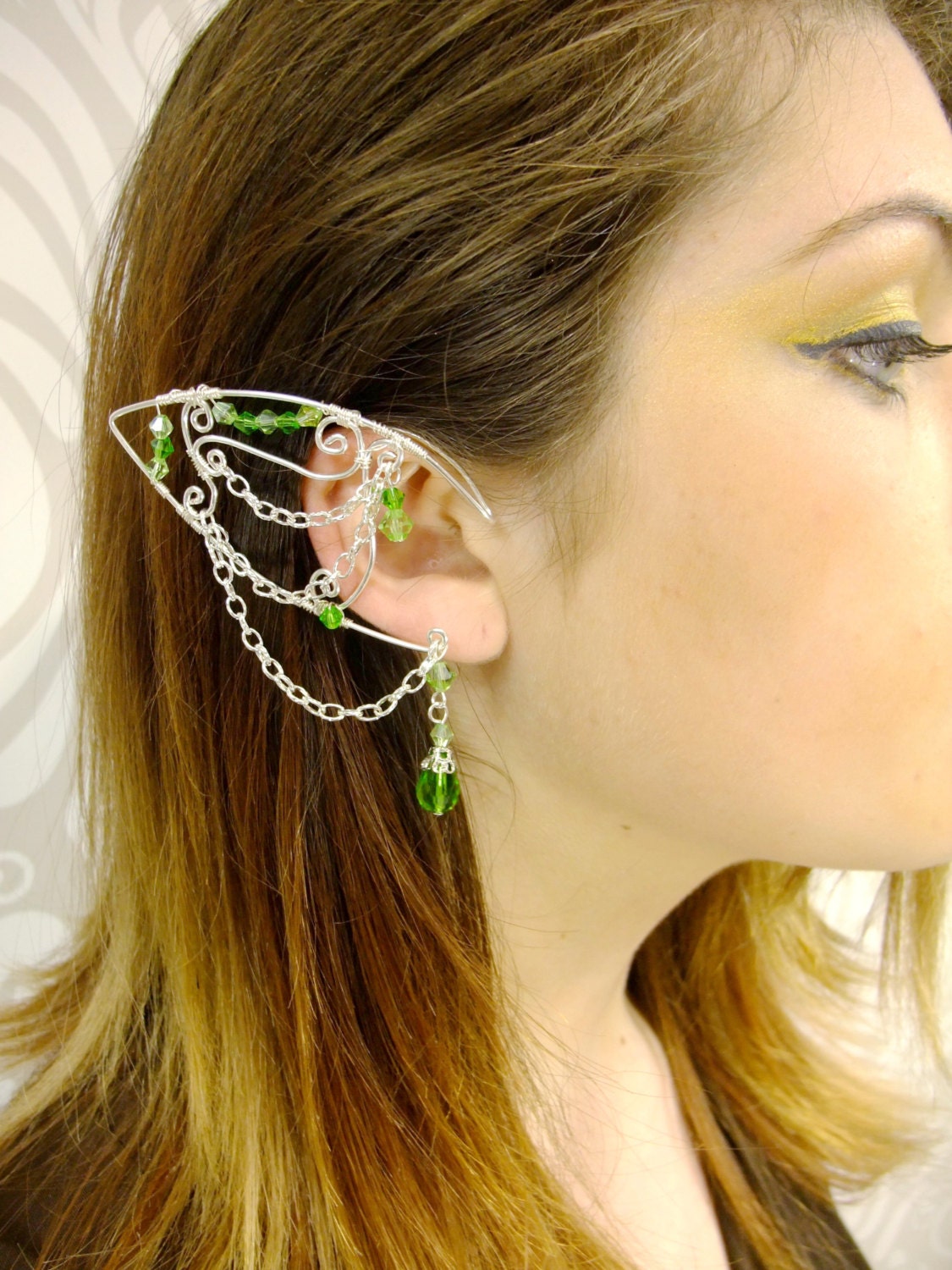 Elf Ear Cuff Silver and Green Elven Jewelry Elf Ear Forest