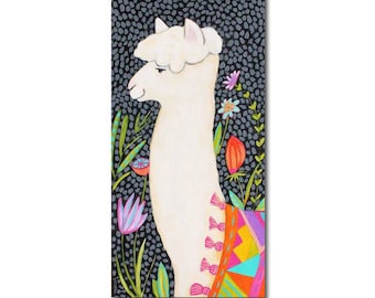 ORIGINAL Large acrylic painting ALPACA with flowers and dots folk art by TASCHA