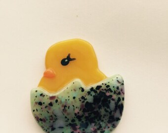 Fused Glass Chick-n-Egg Brooch Pin