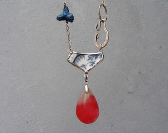 Beach Pottery Necklace Coral, Agate, metal, solder, beach pottery Sea Treasure Collection