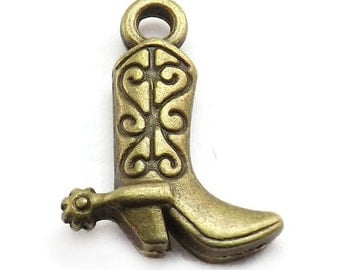 10 Cowboy Boot Charms antique bronze brass tone metal (S369)